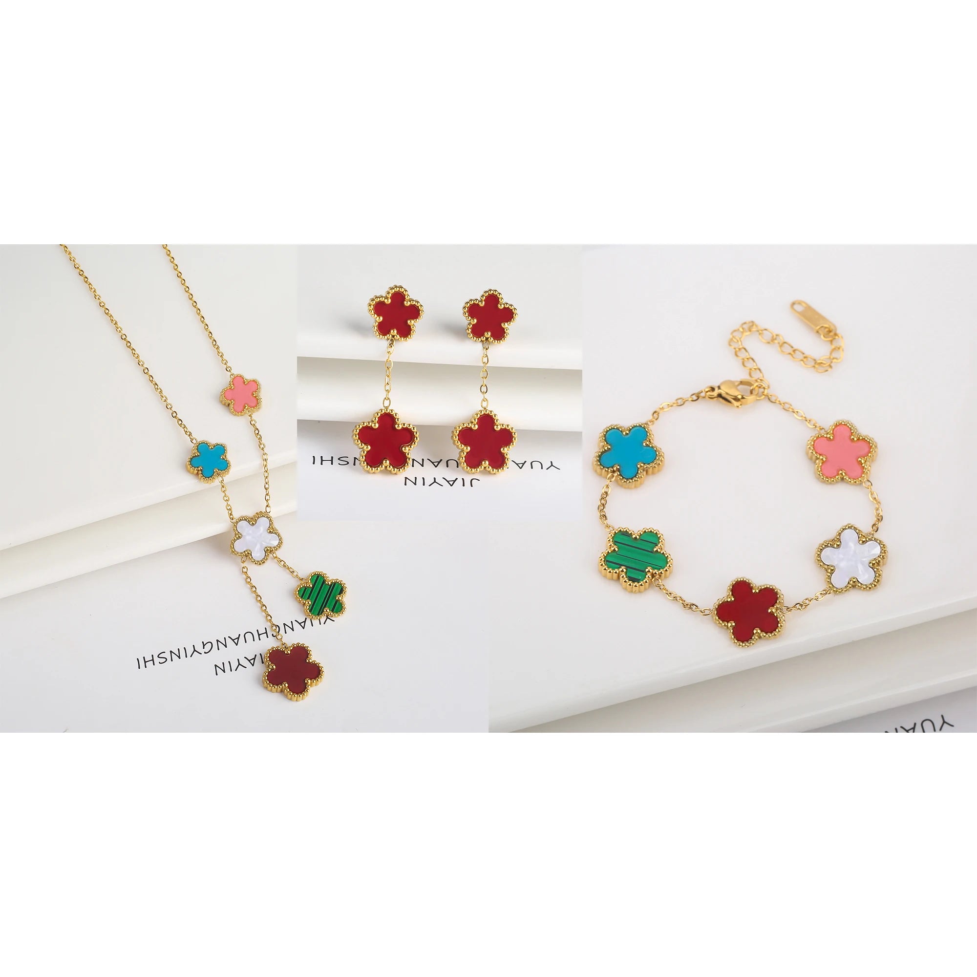 Hot Sale 3Pcs Stainless Steel 18k Gold-Plated Five-Leaf Flower Necklace Earrings Bracelet Jewelry Set For Woman Jewelry Clover