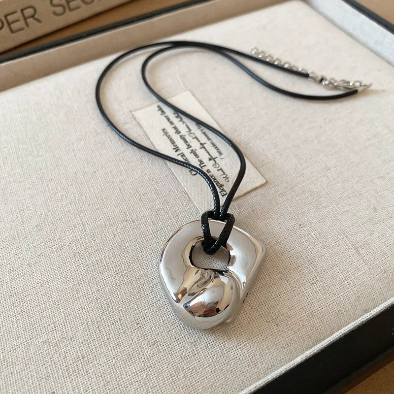 Punk Large U-Shape Geometric Pendant Necklace Women MenHorseshoe Adjustable Long Leather Rope Sweater Chain Necklaces Jewelry