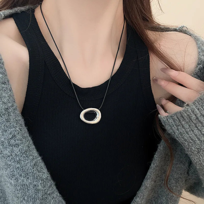 Punk Large U-Shape Geometric Pendant Necklace Women MenHorseshoe Adjustable Long Leather Rope Sweater Chain Necklaces Jewelry