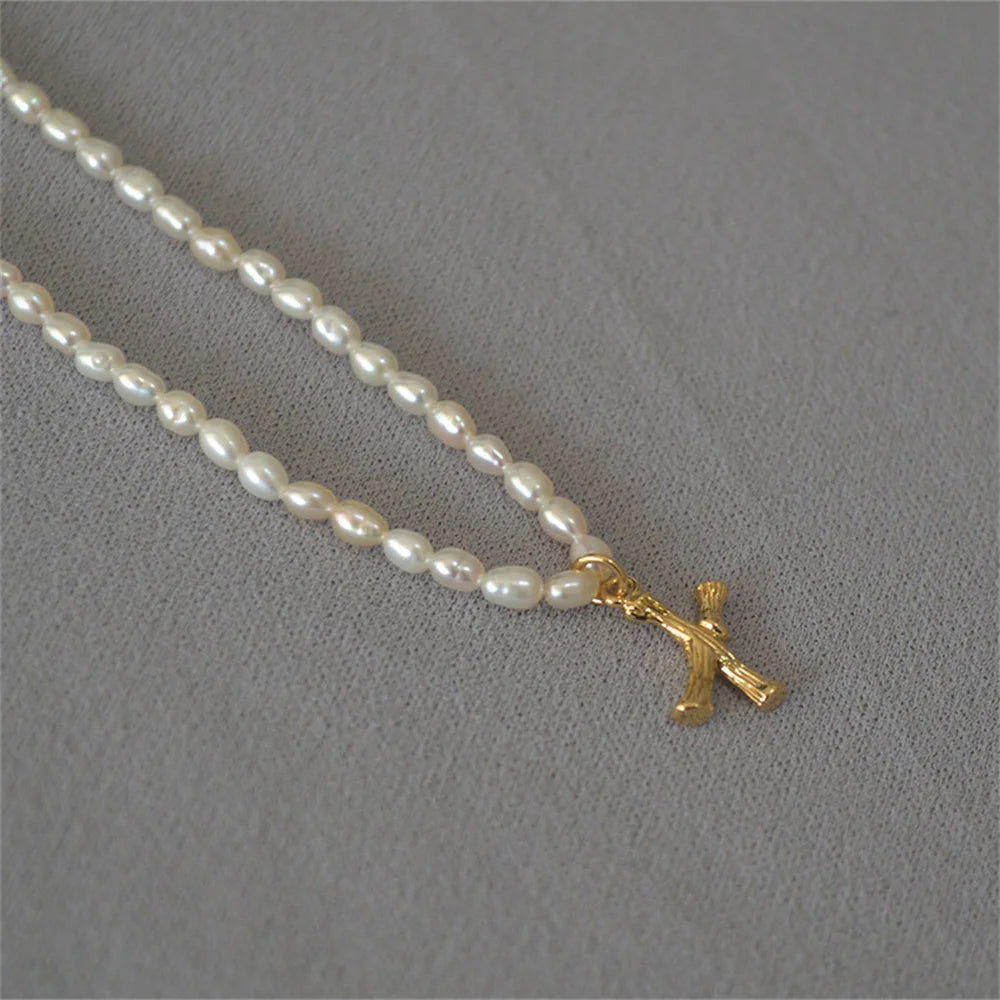French Vintage Oval Artificial Pearl Chain Necklace For Women Fashion Boho Gold-plate Metal Tree Texture Letter Pendant Jewelry