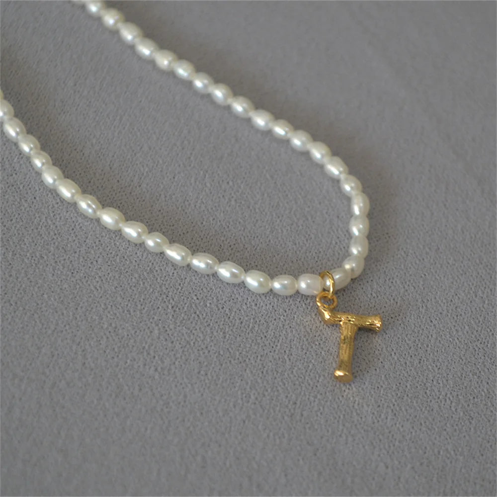 French Vintage Oval Artificial Pearl Chain Necklace For Women Fashion Boho Gold-plate Metal Tree Texture Letter Pendant Jewelry
