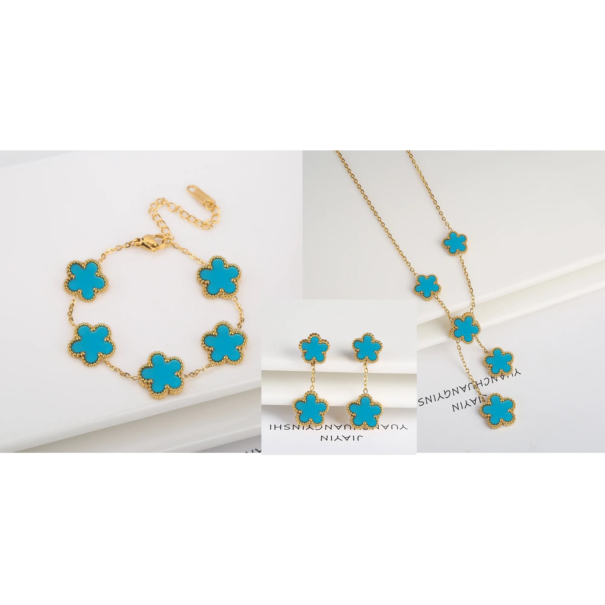 Hot Sale 3Pcs Stainless Steel 18k Gold-Plated Five-Leaf Flower Necklace Earrings Bracelet Jewelry Set For Woman Jewelry Clover