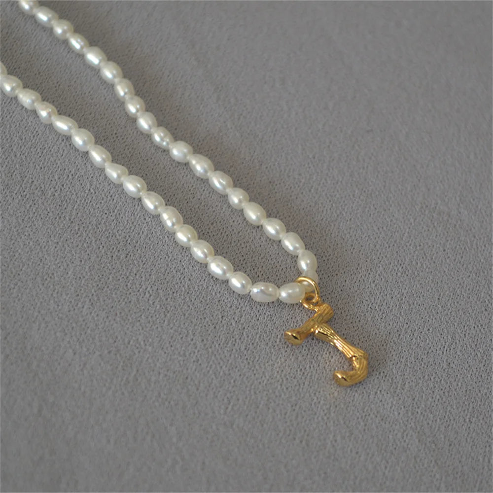 French Vintage Oval Artificial Pearl Chain Necklace For Women Fashion Boho Gold-plate Metal Tree Texture Letter Pendant Jewelry