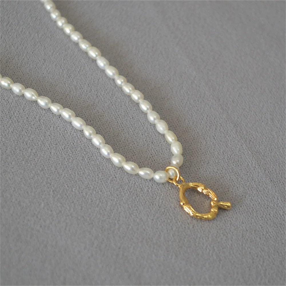 French Vintage Oval Artificial Pearl Chain Necklace For Women Fashion Boho Gold-plate Metal Tree Texture Letter Pendant Jewelry