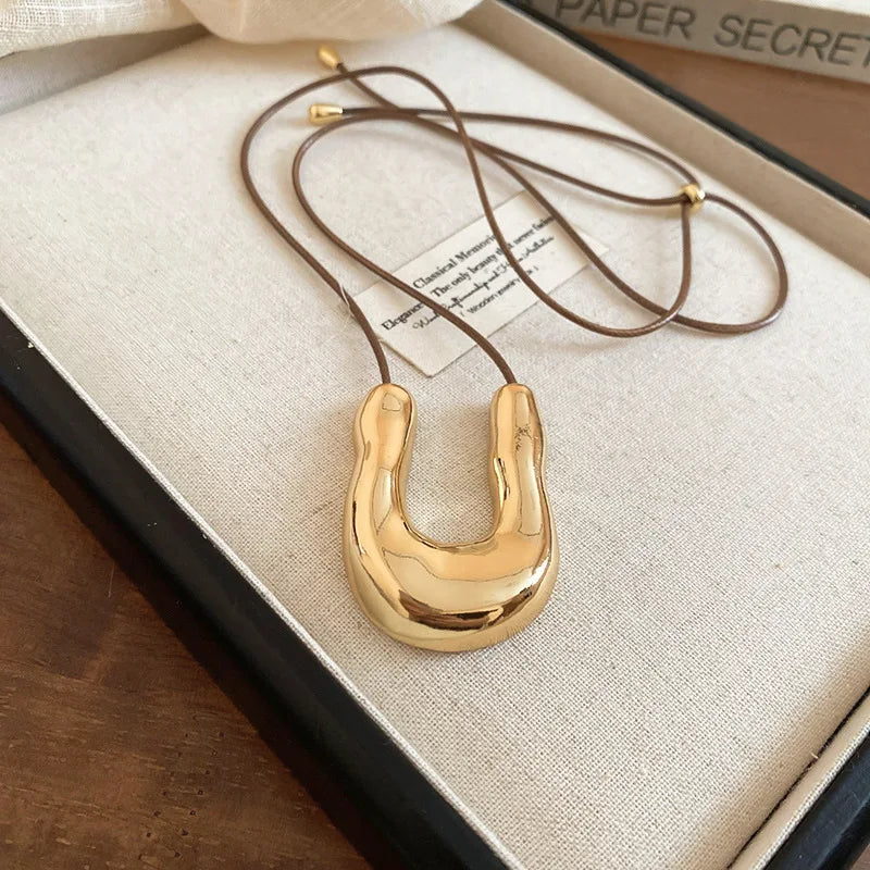Punk Large U-Shape Geometric Pendant Necklace Women MenHorseshoe Adjustable Long Leather Rope Sweater Chain Necklaces Jewelry
