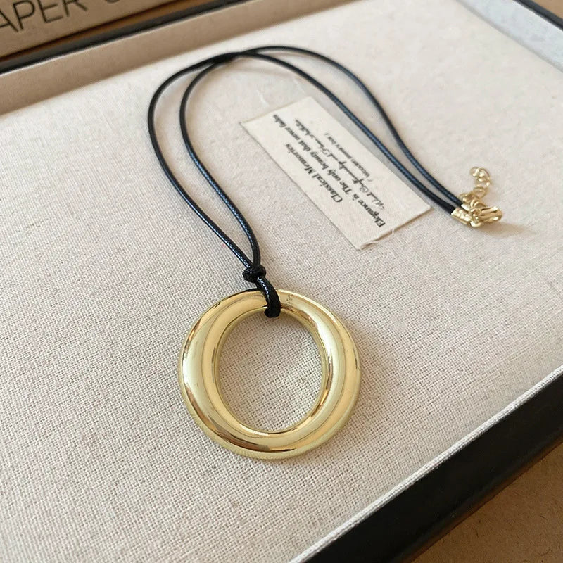 Punk Large U-Shape Geometric Pendant Necklace Women MenHorseshoe Adjustable Long Leather Rope Sweater Chain Necklaces Jewelry