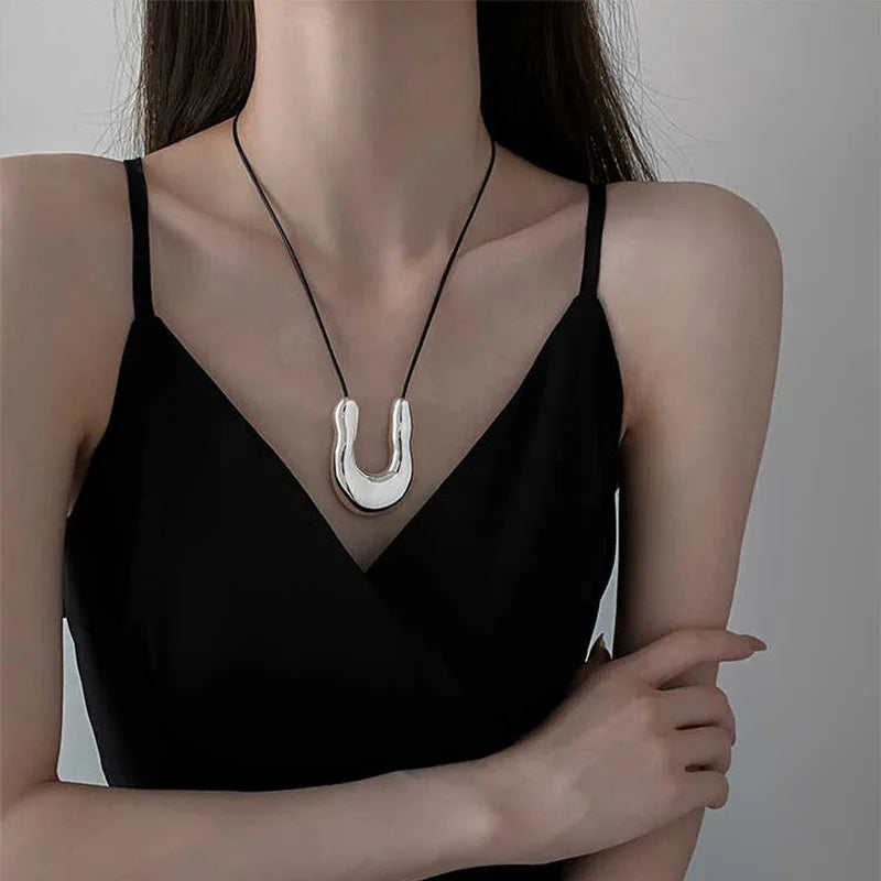Punk Large U-Shape Geometric Pendant Necklace Women MenHorseshoe Adjustable Long Leather Rope Sweater Chain Necklaces Jewelry