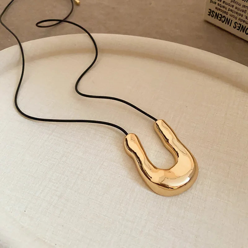 Punk Large U-Shape Geometric Pendant Necklace Women MenHorseshoe Adjustable Long Leather Rope Sweater Chain Necklaces Jewelry